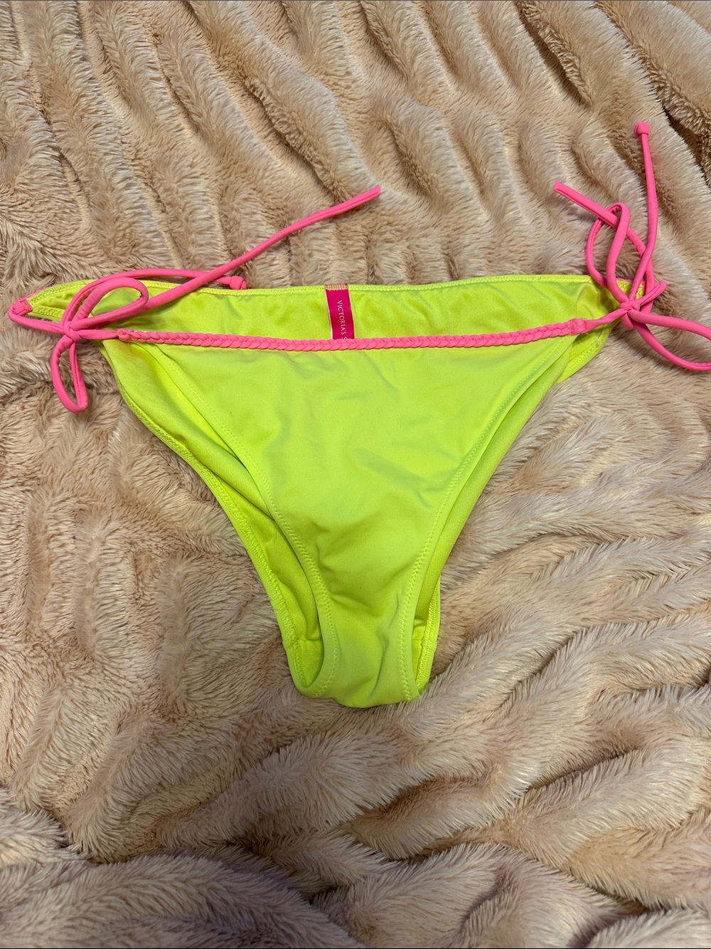 Victoria's Secret Neon Yellow Bikini Bottom with Hot Pink Braid Ties Large